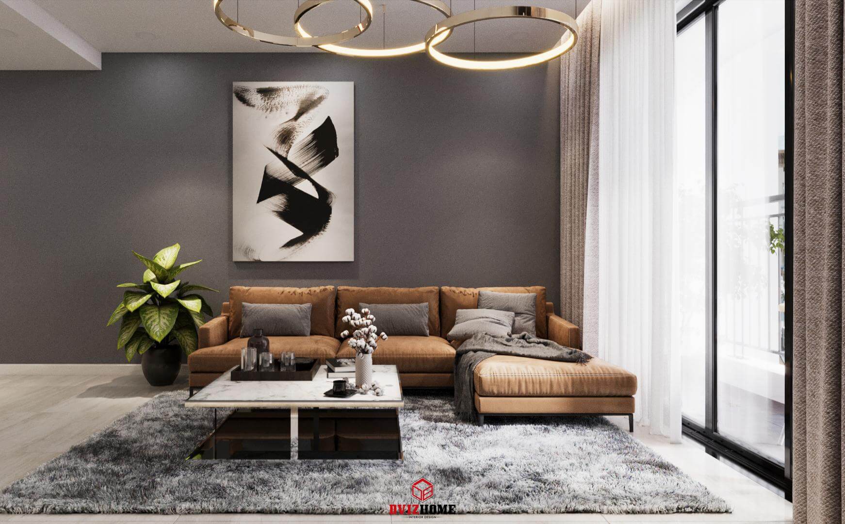 Sofa rộng lớn màu sắc tương đồng với thảm trải lông mềm mại tạo nên cái nhìn dễ chịu hơn.